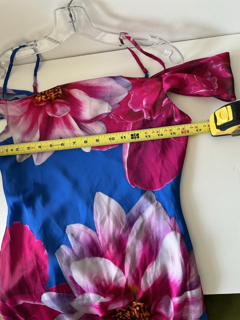 Blue Pink Floral Midi Dress Off Shoulder Satin Slip IN San Francisco M - Picture 5 of 6
